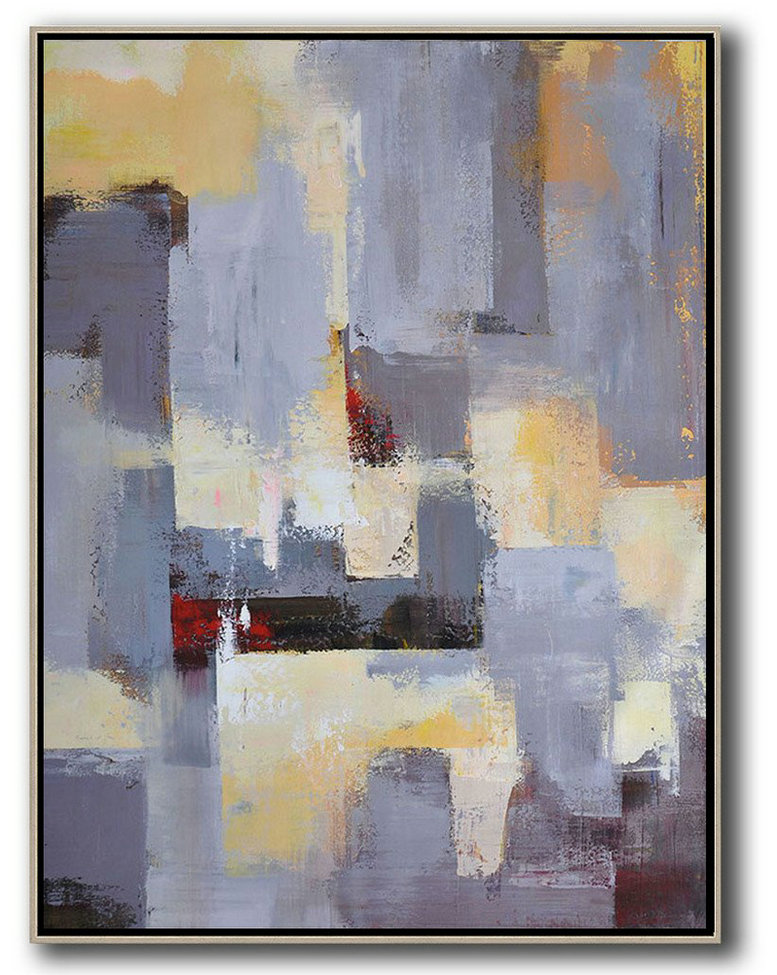 Abstract Painting Extra Large Canvas Art,Vertical Palette Knife Contemporary Art,Extra Large Artwork,Grey,Yellow,Red.Etc